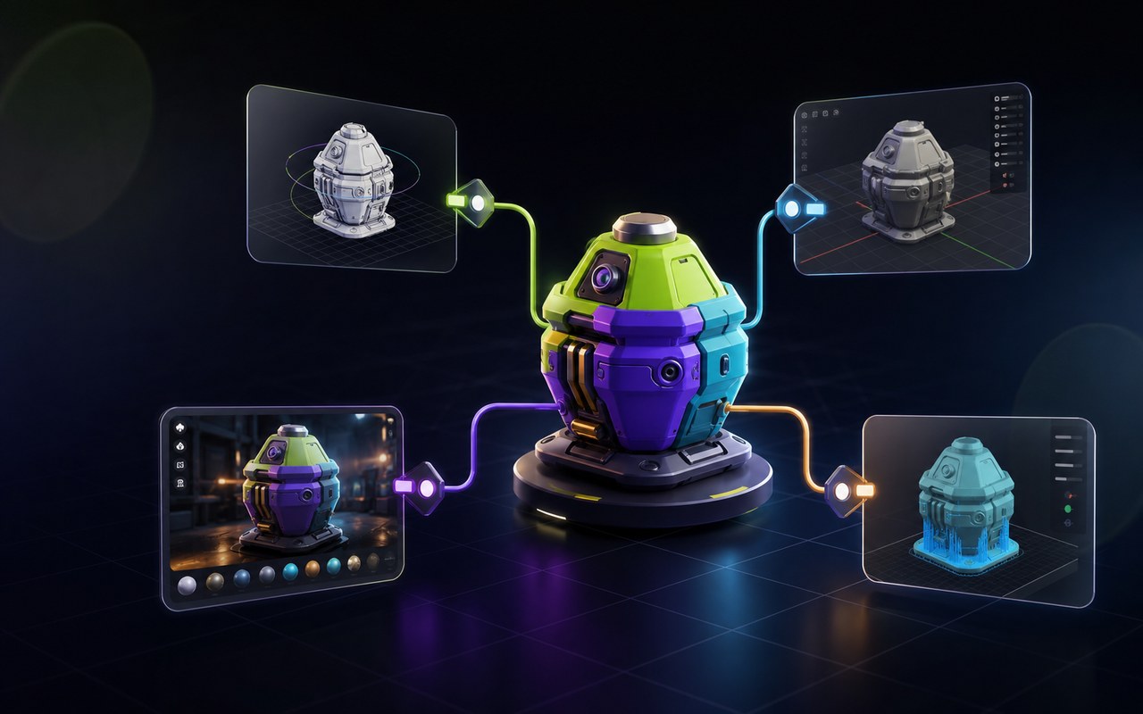 Four 3D file formats — GLB, glTF, OBJ, STL — compared side by side