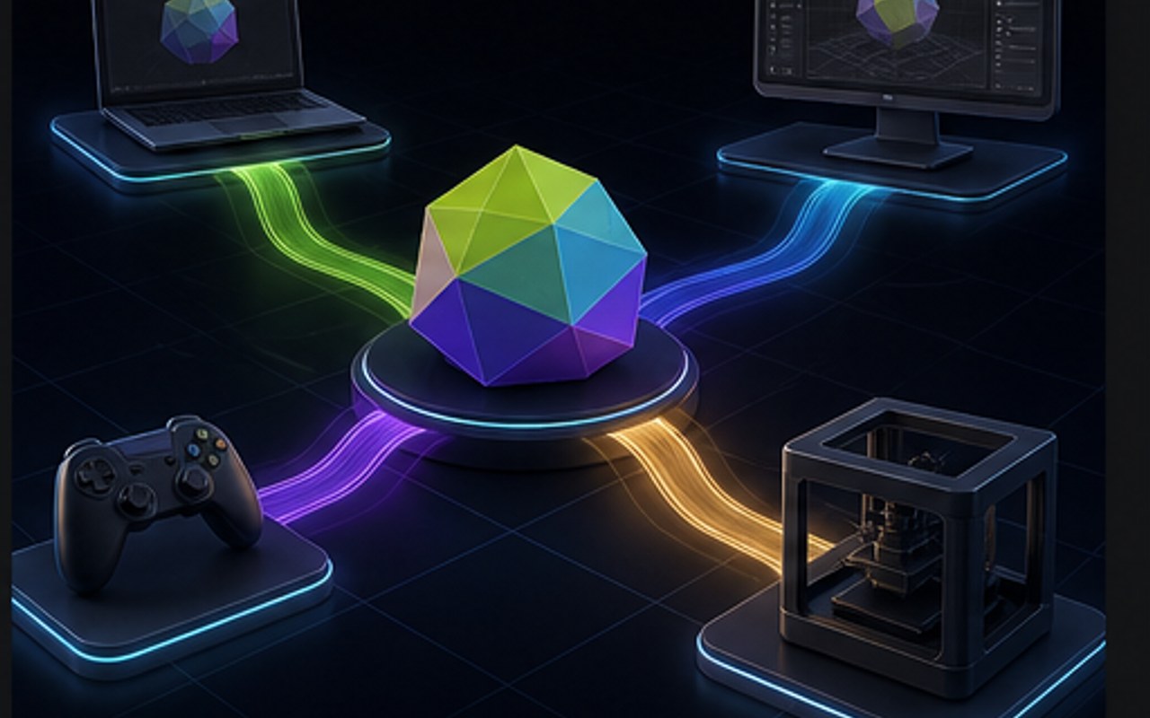 A 3D model branching into four format paths — web, print, DCC, engine