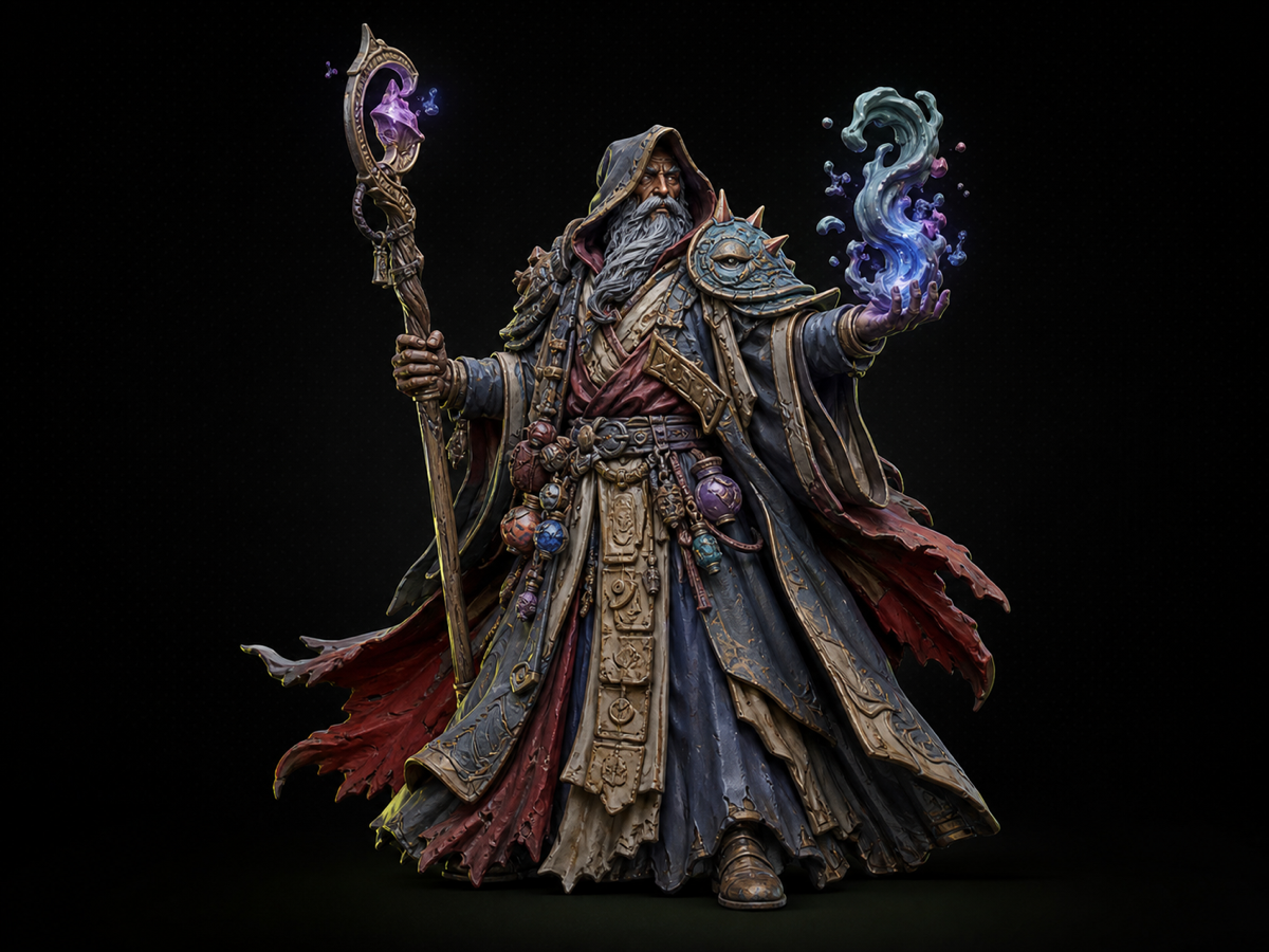 ornate fantasy wizard with flowing robes, staff, and spell effects