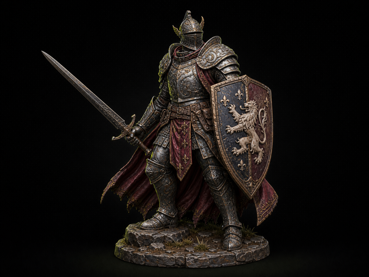 armored knight with engraved plate, sword, and heraldic shield