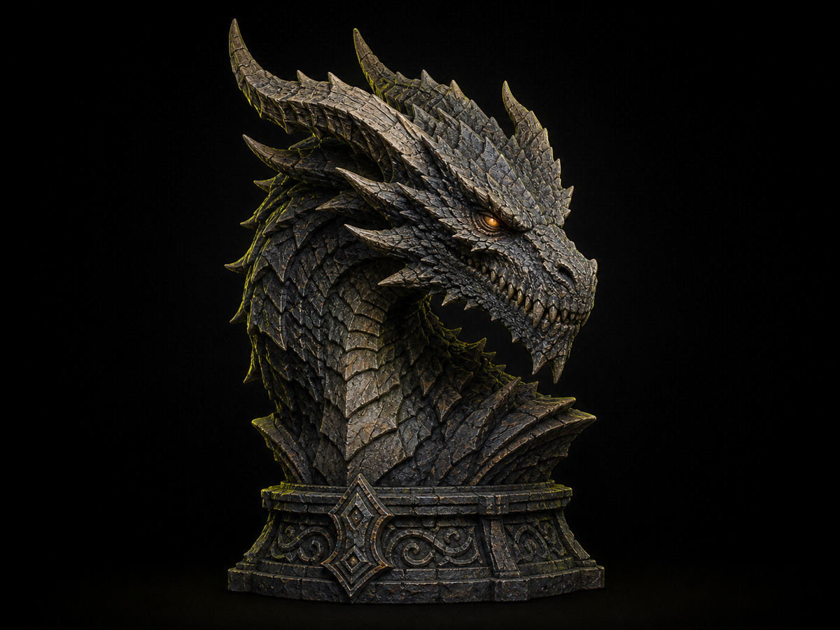 ancient dragon bust with scales, horns, and weathered stone texture