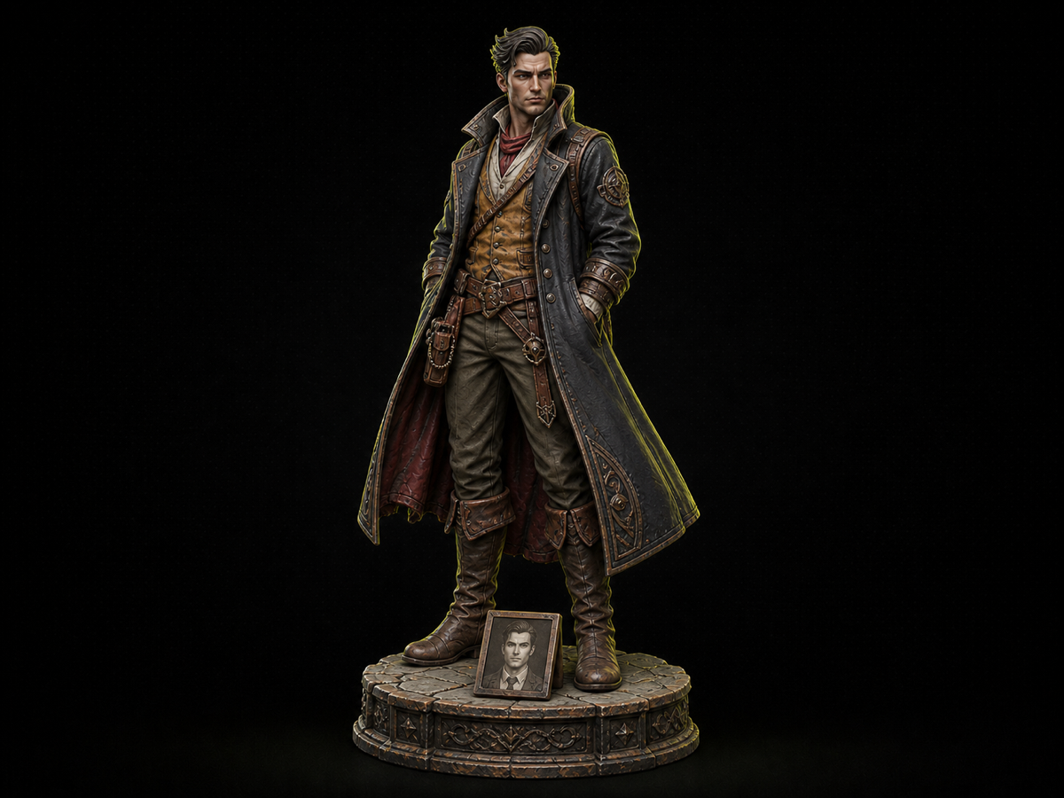 figurine with sharp facial features from a single front-view photo