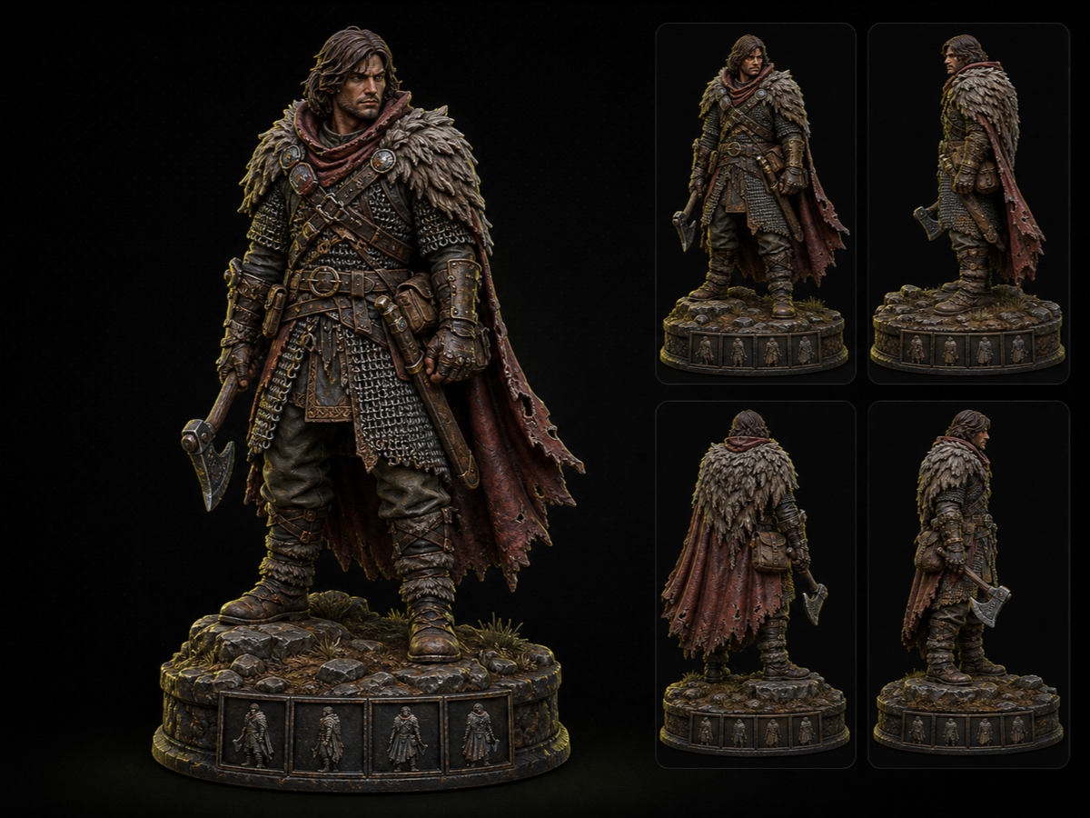 miniature with chainmail and fur detail from 4-angle multiview input