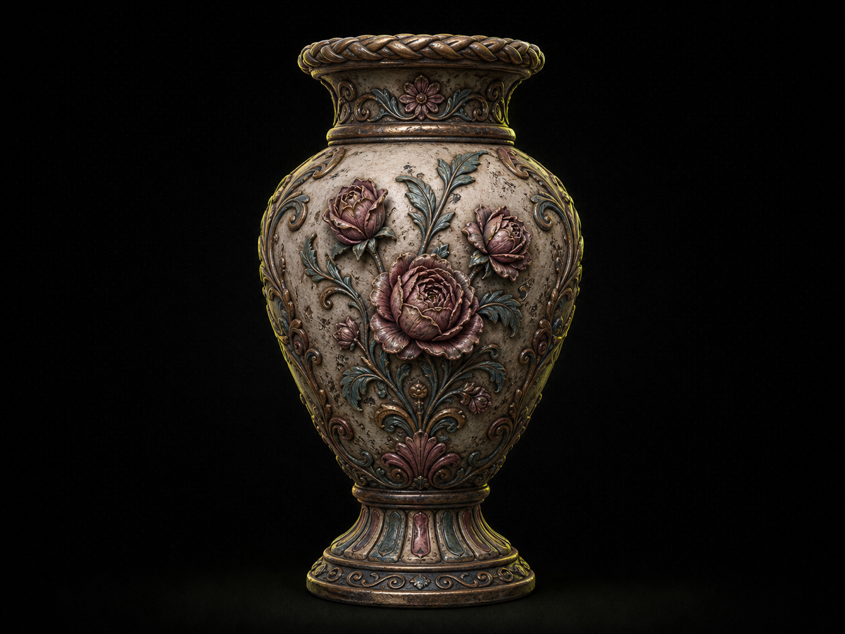 ornate decorative vase with floral relief, print-ready