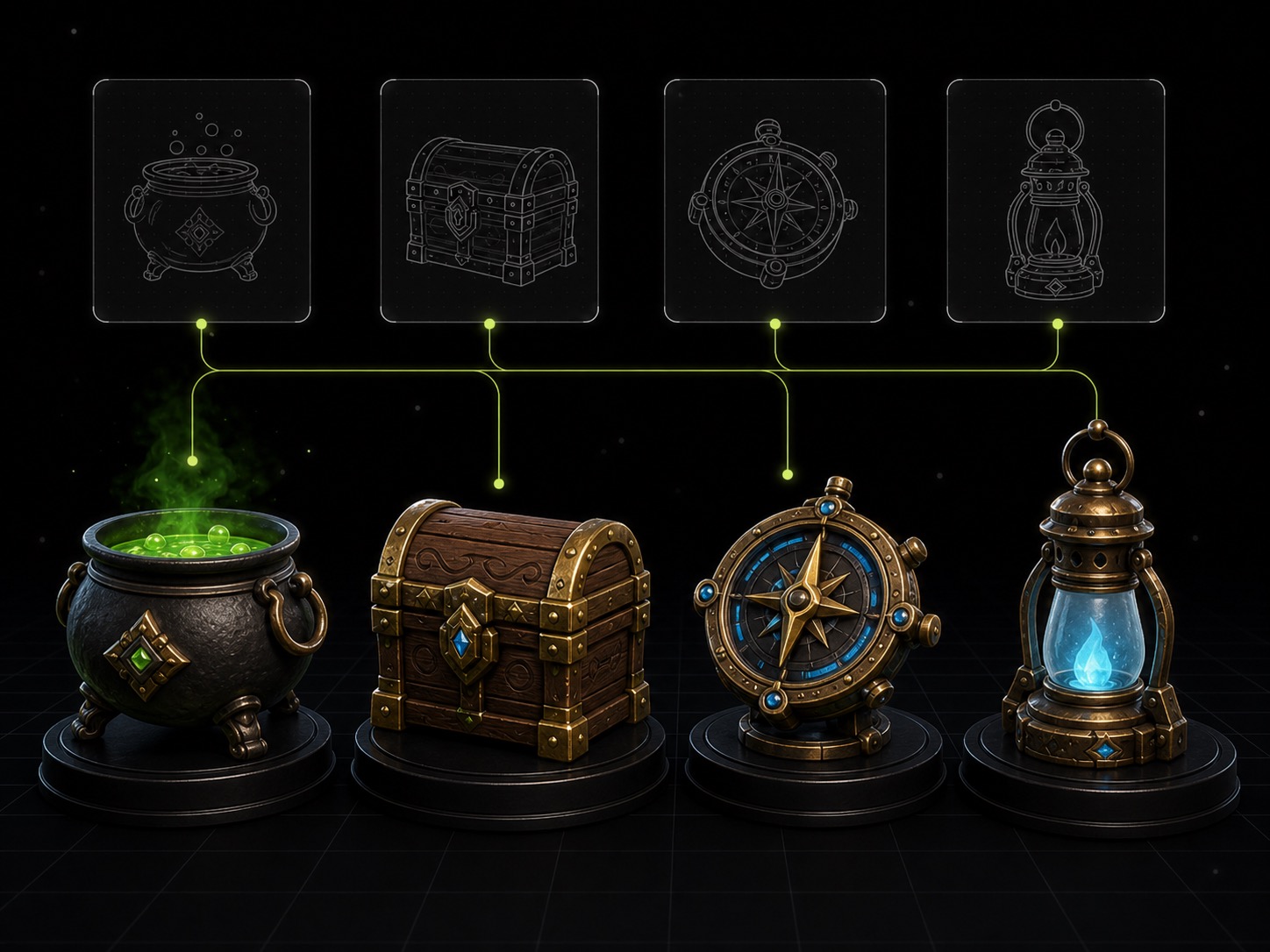 Four distinct game props generated together in a batch 3D asset workflow.