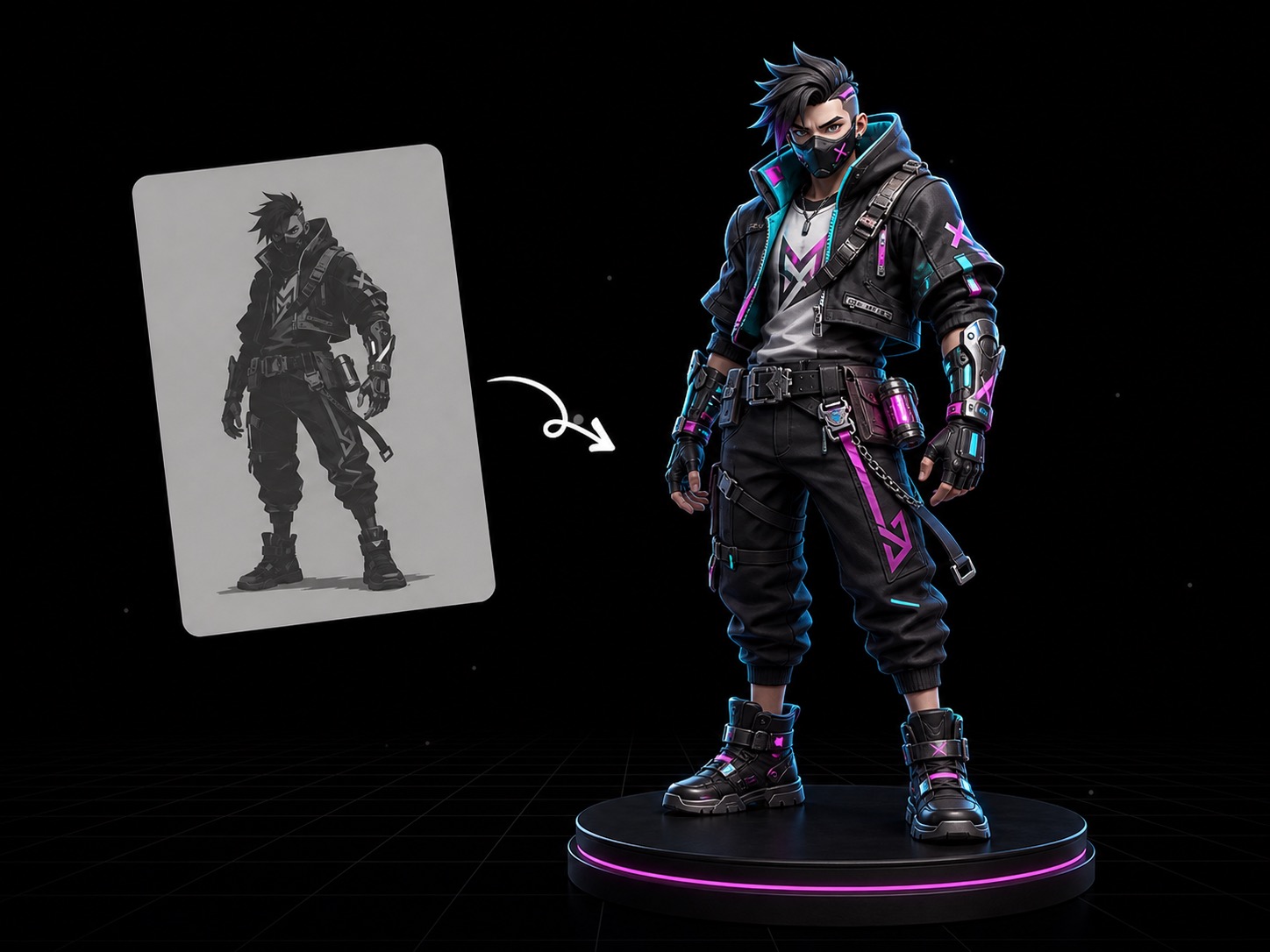Game character concept image converted into a stylized full-body 3D character model.