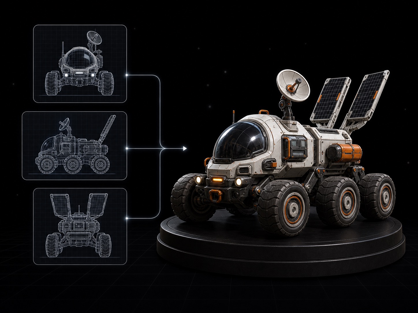 Front side and rear vehicle references converging into a finished lunar rover 3D model.