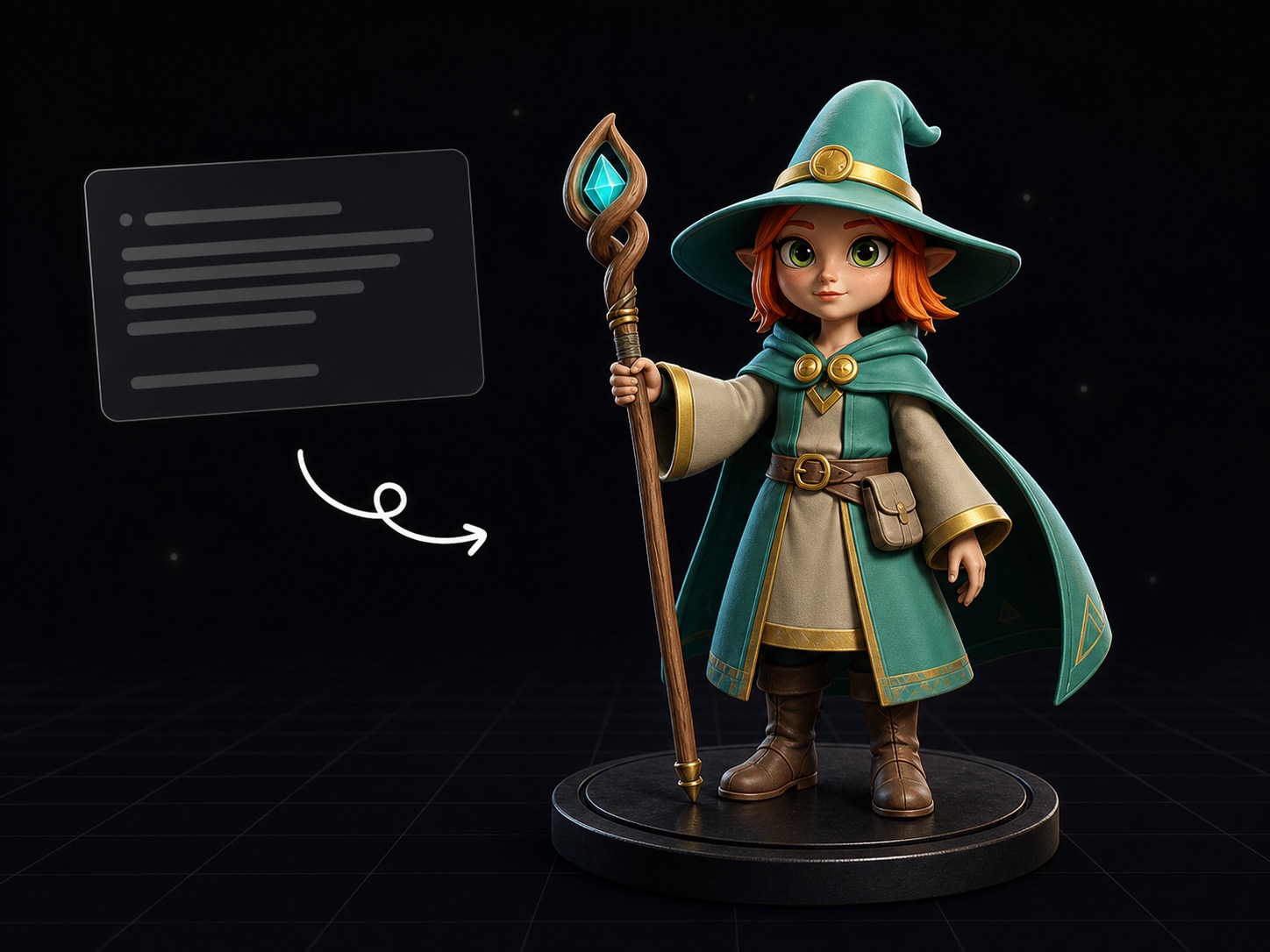 Text prompt converted into a stylized 3D elf wizard character model.