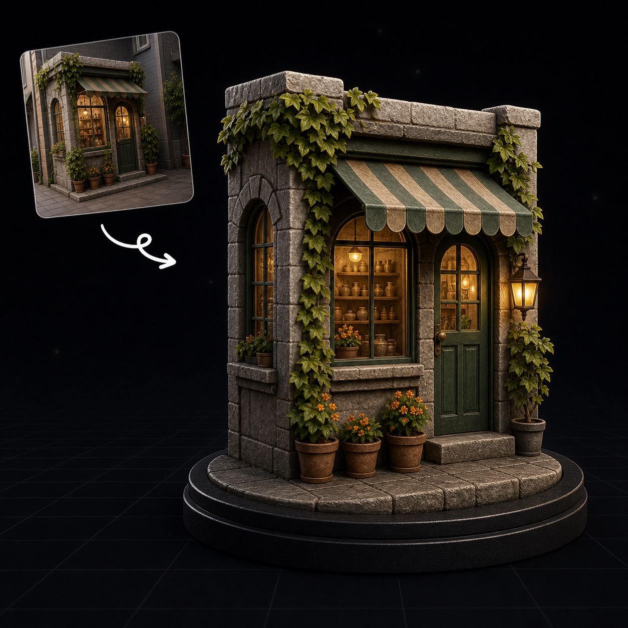 Architecture reference photo converted into a miniature 3D scene model.