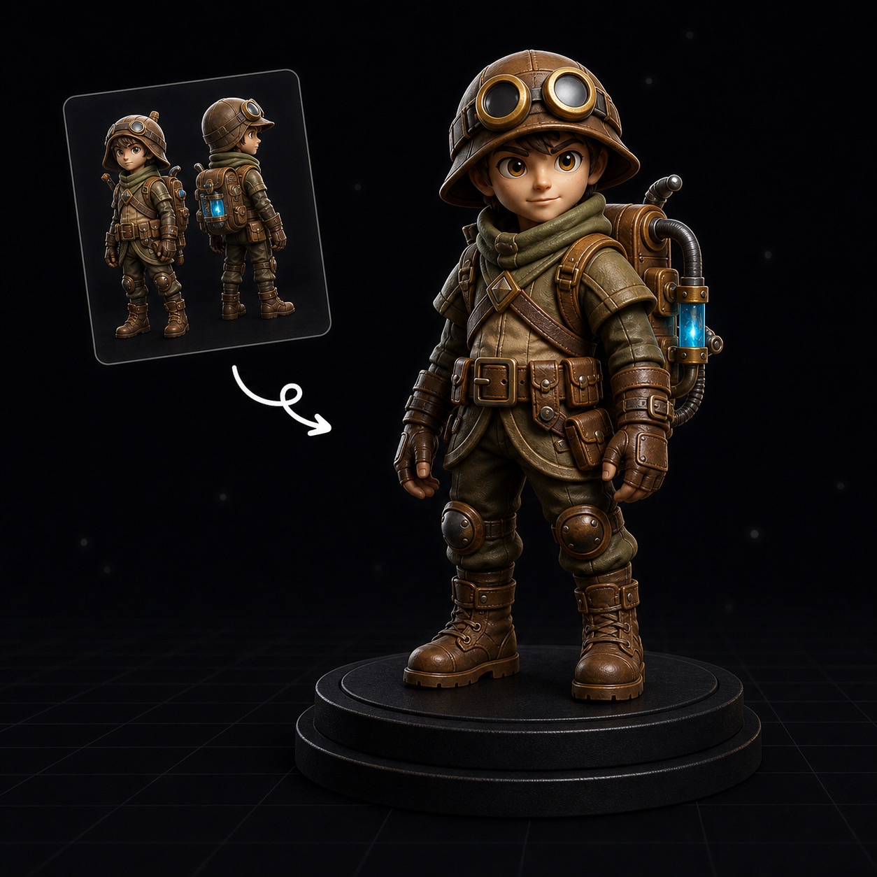 Character concept converted into an editable stylized 3D model.