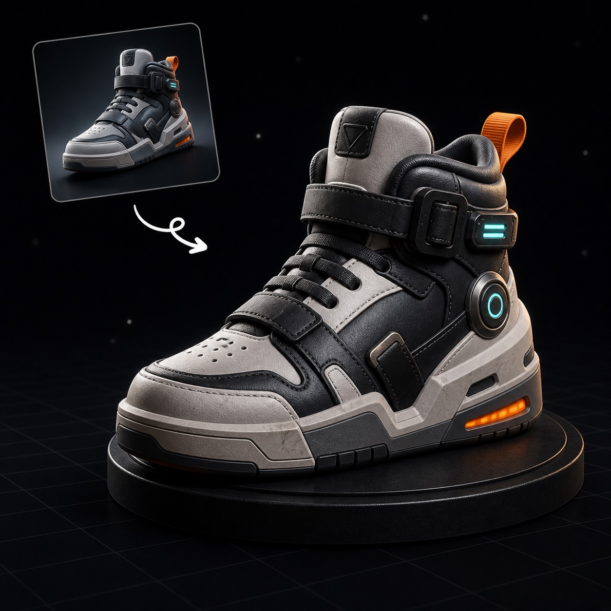 Product photo converted into a textured 3D showroom asset.