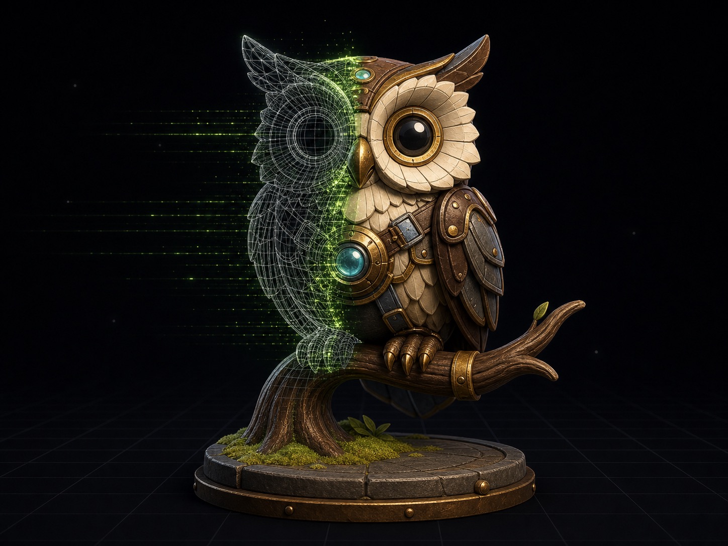 A stylized model reconstructed from wireframe mesh into a textured 3D asset.
