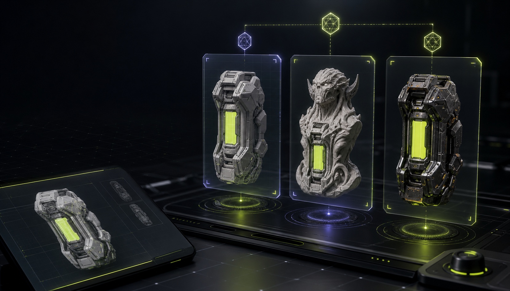 Same 3D input rendered across Tripo3D, Meshy, and Rodin for comparison