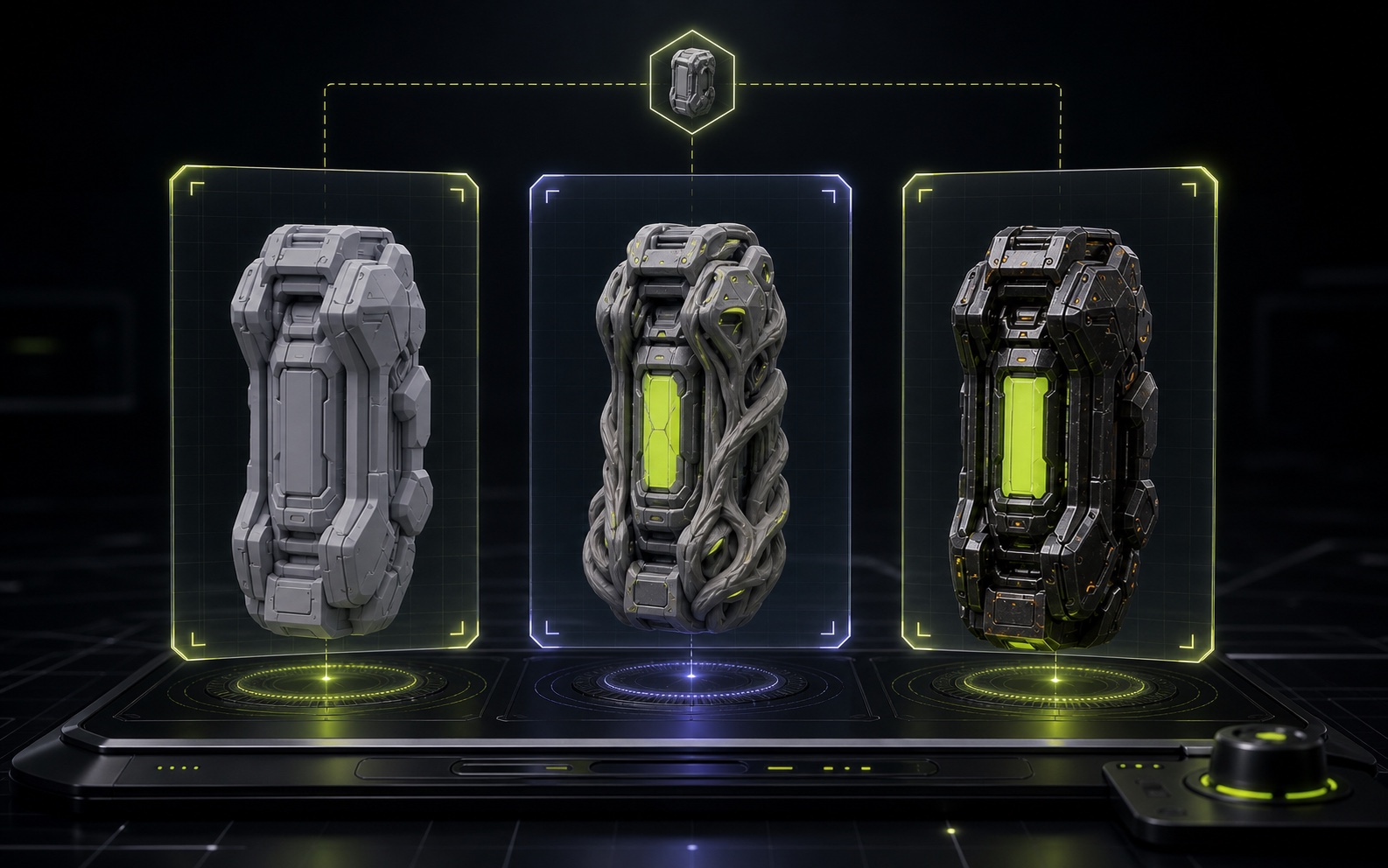 Same 3D input rendered across three engines for comparison