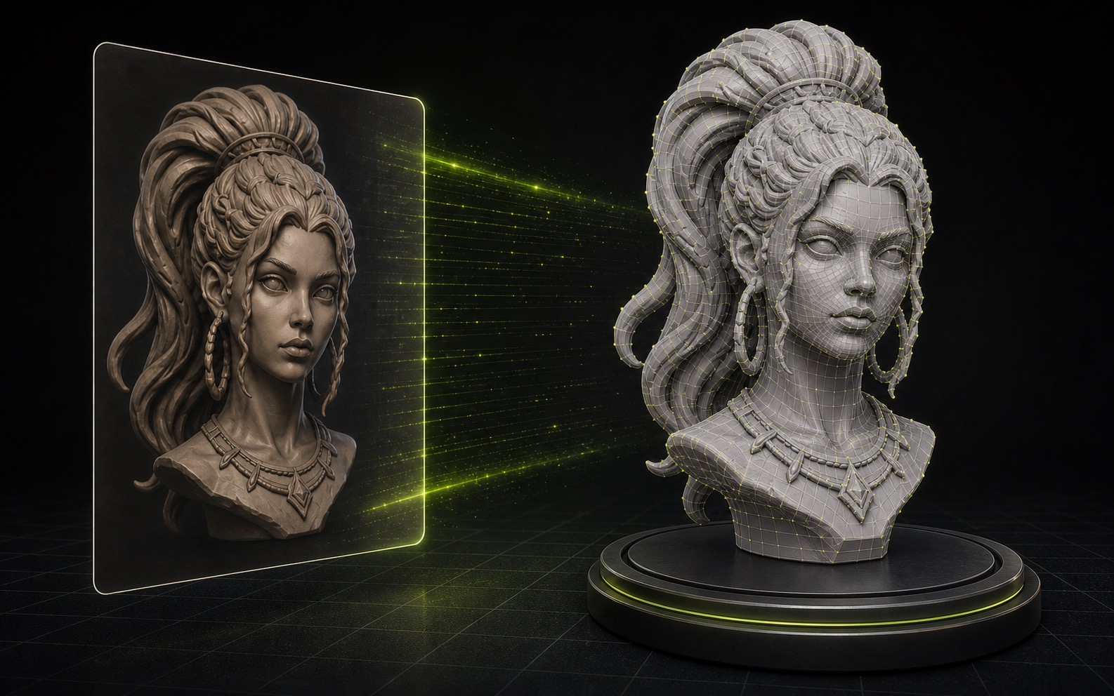 Bust reference converted into a wireframe 3D mesh for a printable statue