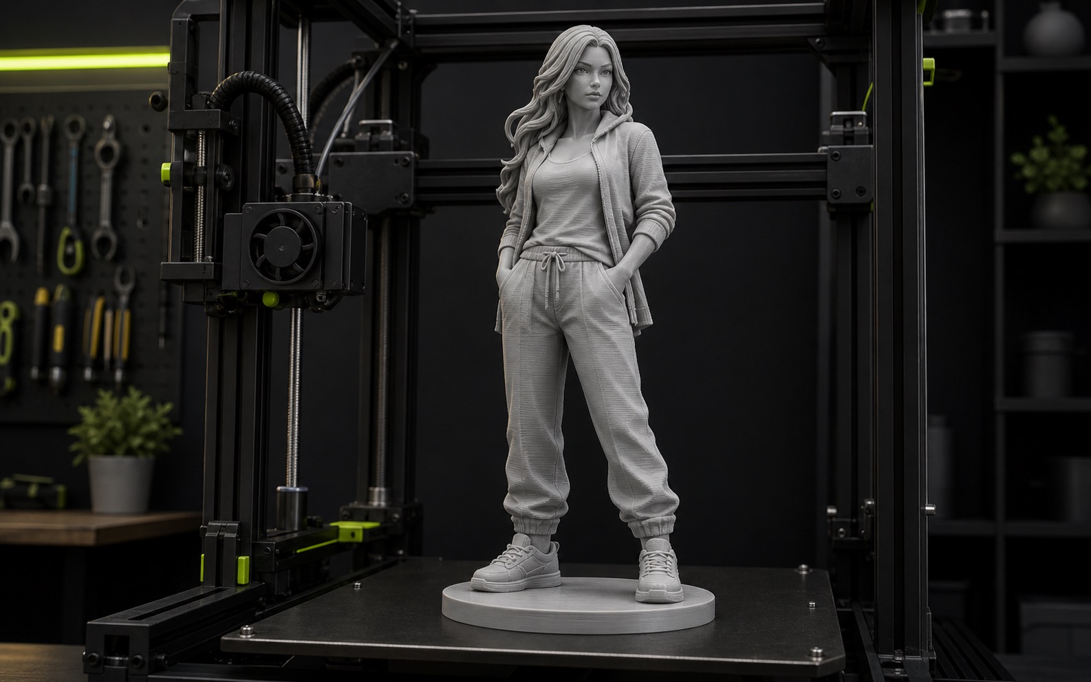 FDM printer build plate holding a full-body printable person figurine