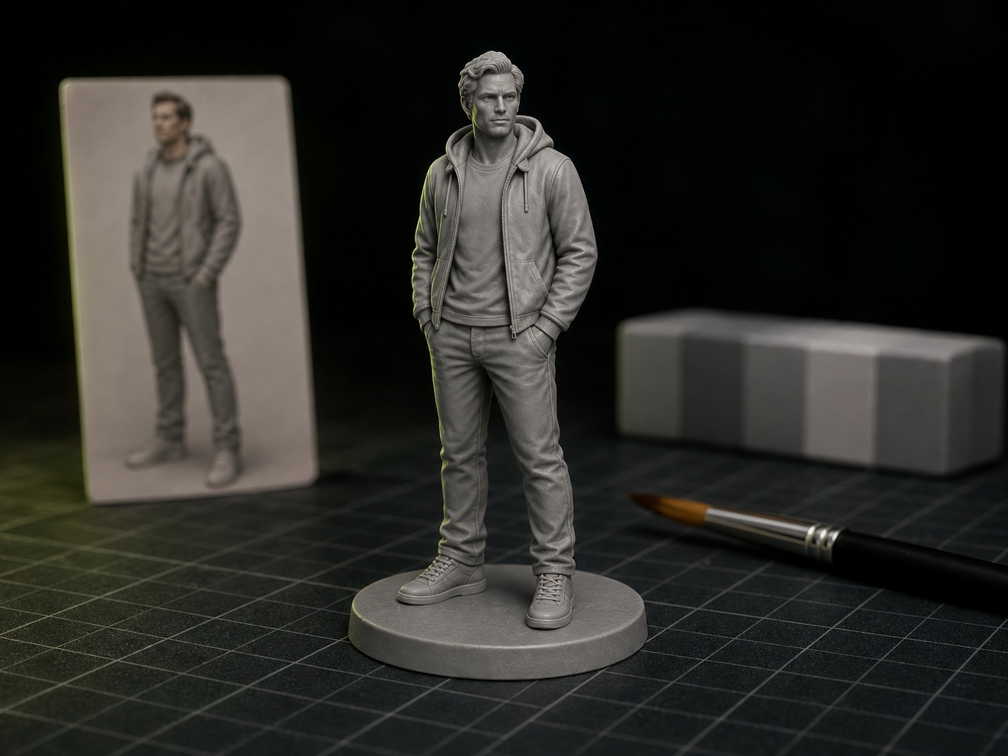 Full-body 3D printed figurine created from a standing reference photo