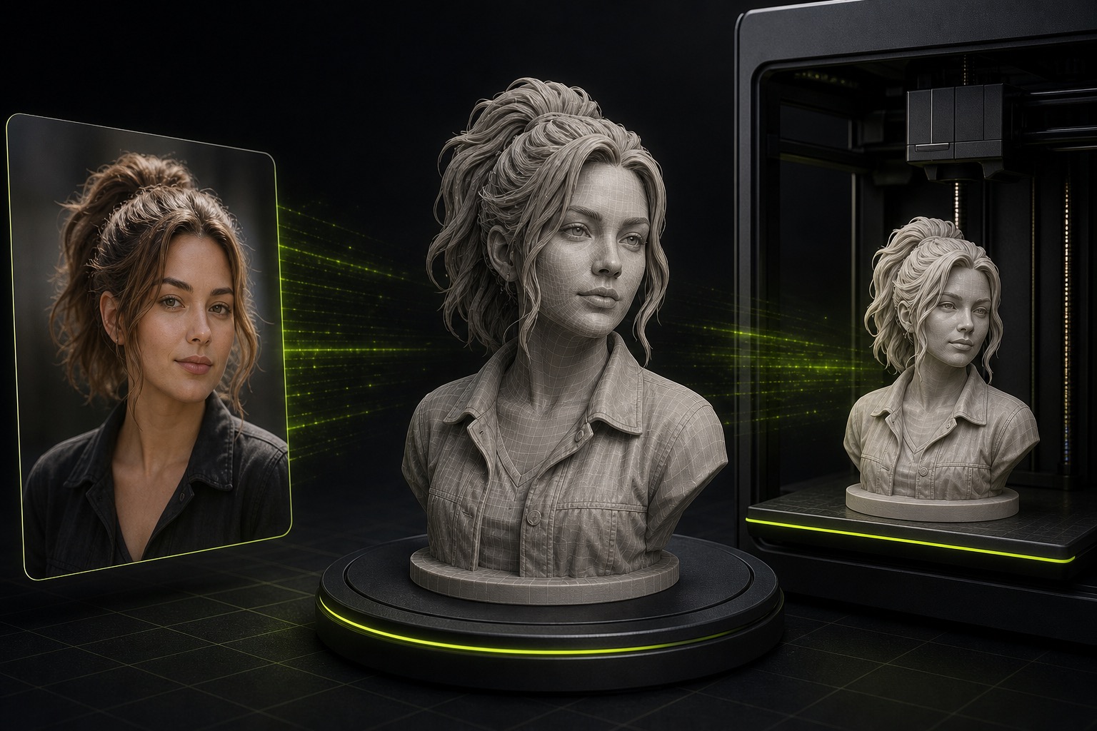 Portrait photo converted into a printable 3D bust and resin printer preview