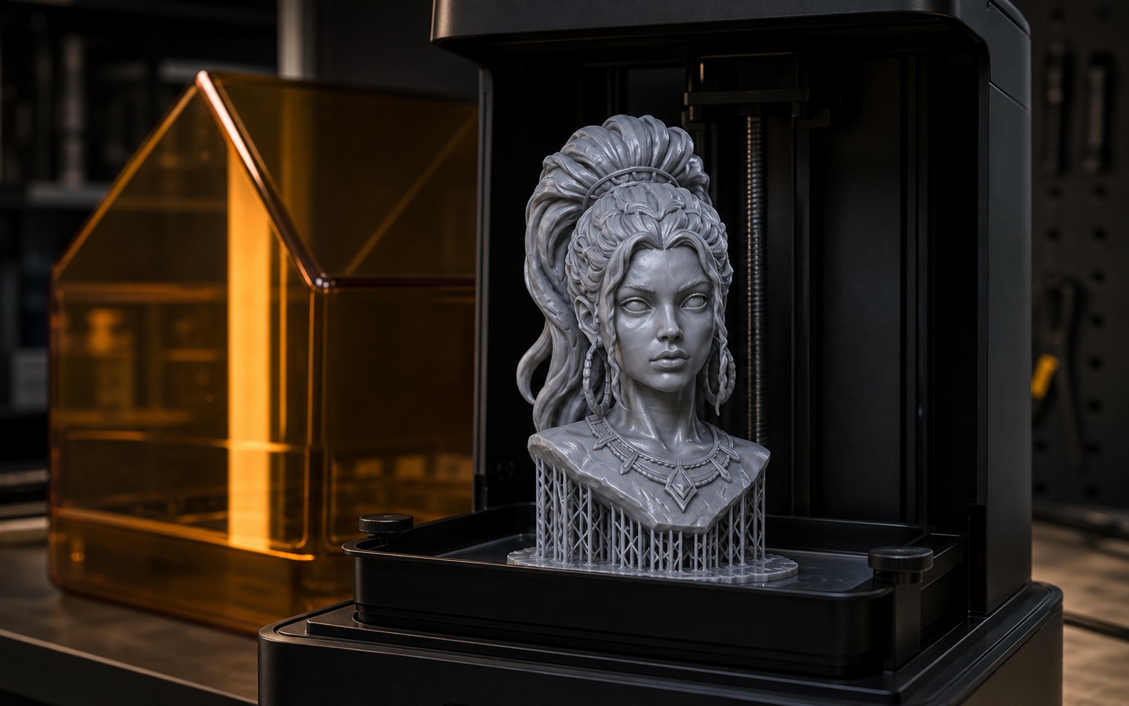 Resin printer producing a detailed bust statue with fine hair and support structures