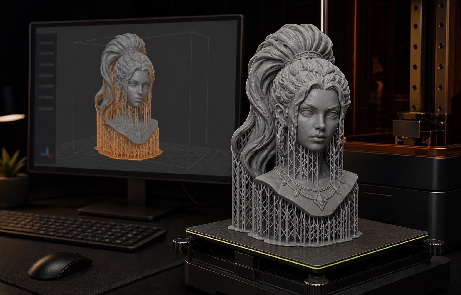 Supported bust model prepared in slicer software for resin 3D printing