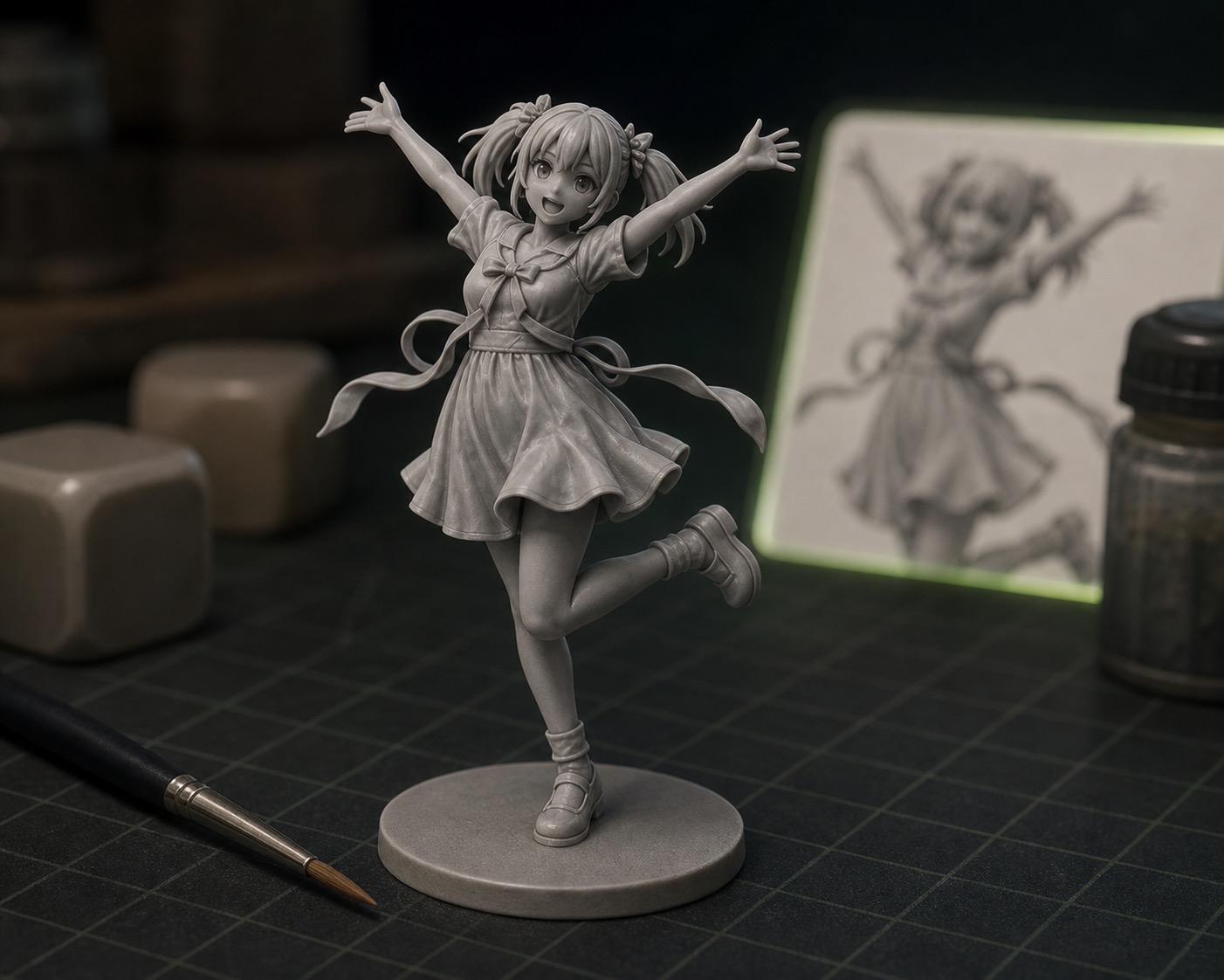 Stylized tabletop miniature statue posed on a round base from a reference illustration
