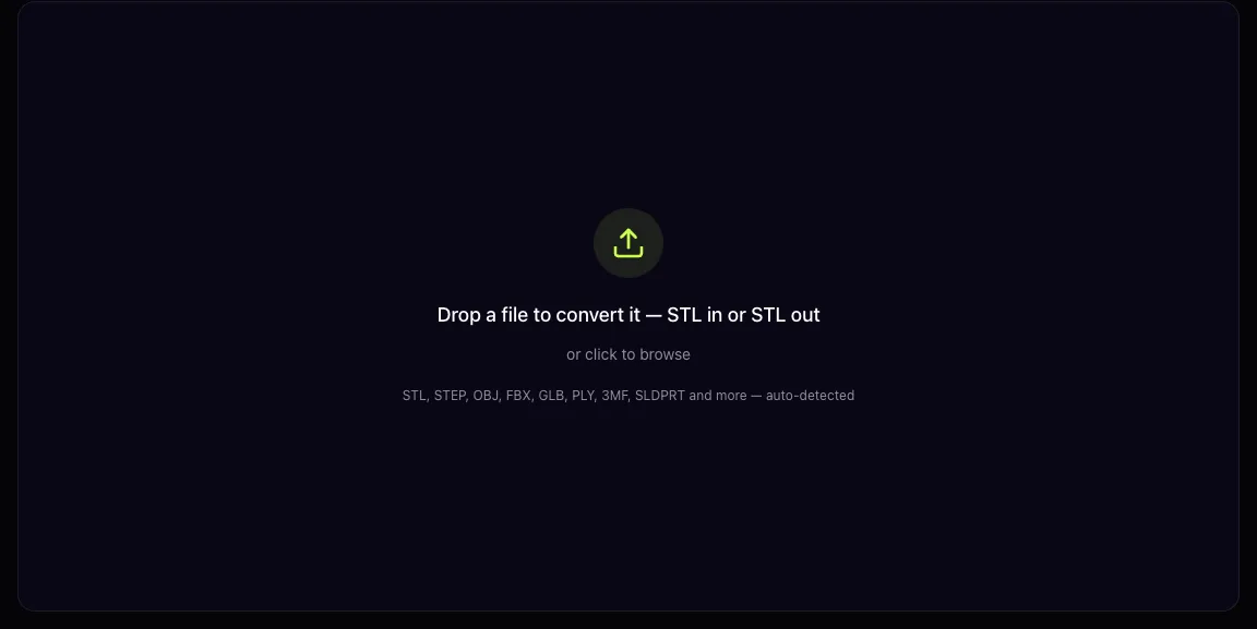 STL file converter interface with drag-and-drop upload accepting STL, STEP, OBJ, FBX and more