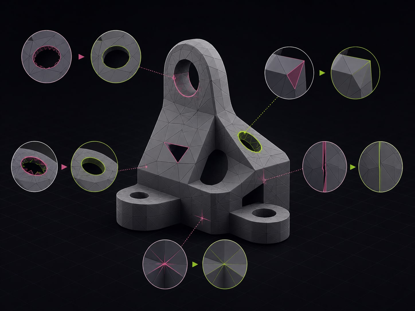 STL mesh repair highlighting non-manifold edges and holes to fix.