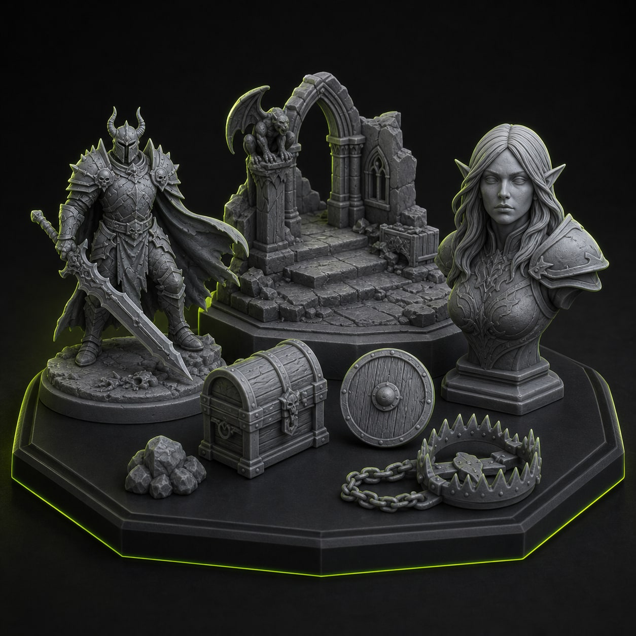 A showcase of STL-editable 3D models including miniatures, props, and dioramas.