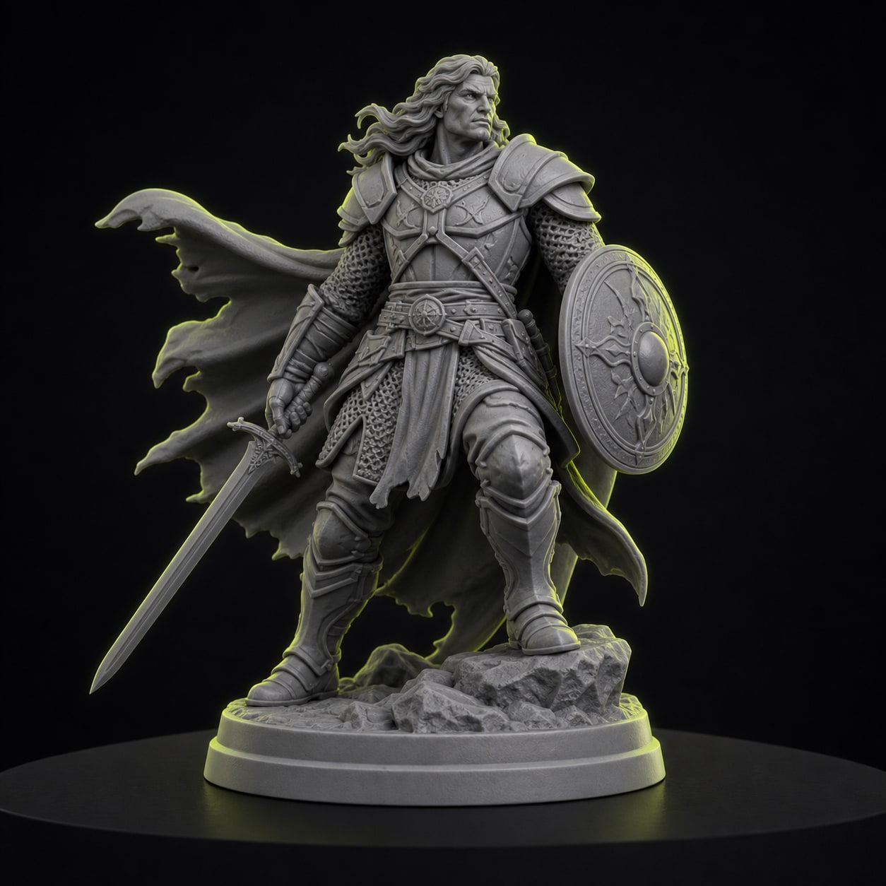 3D-printable fantasy dwarf warrior miniature STL model.
