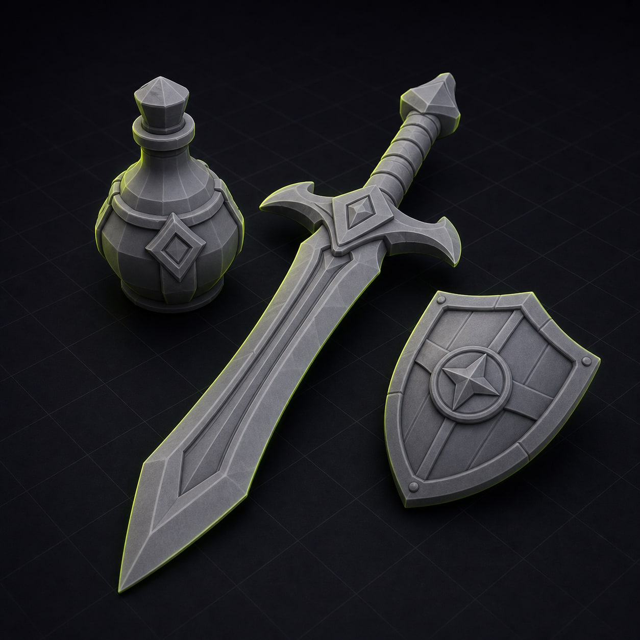 Stylized game asset sword and potion bottle, editable as STL.
