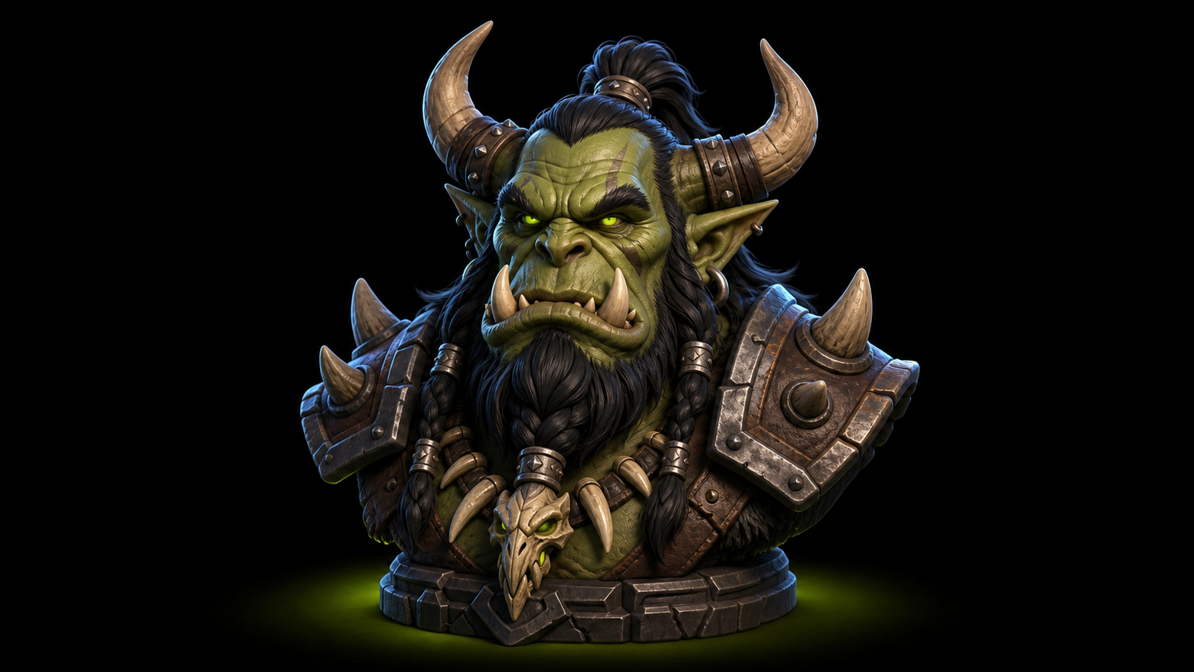 dark-fantasy horned orc bust with tusks, beard, and glowing eyes