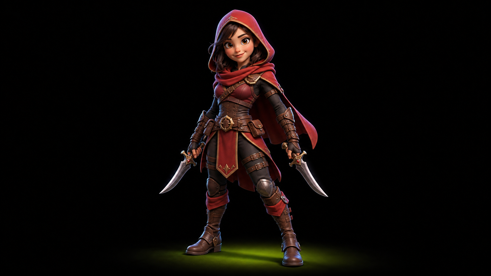 stylized fantasy rogue girl in hooded red outfit with dual daggers