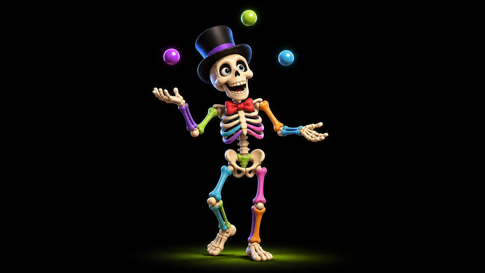 cartoon skeleton juggler with top hat, bow tie, and colorful bones