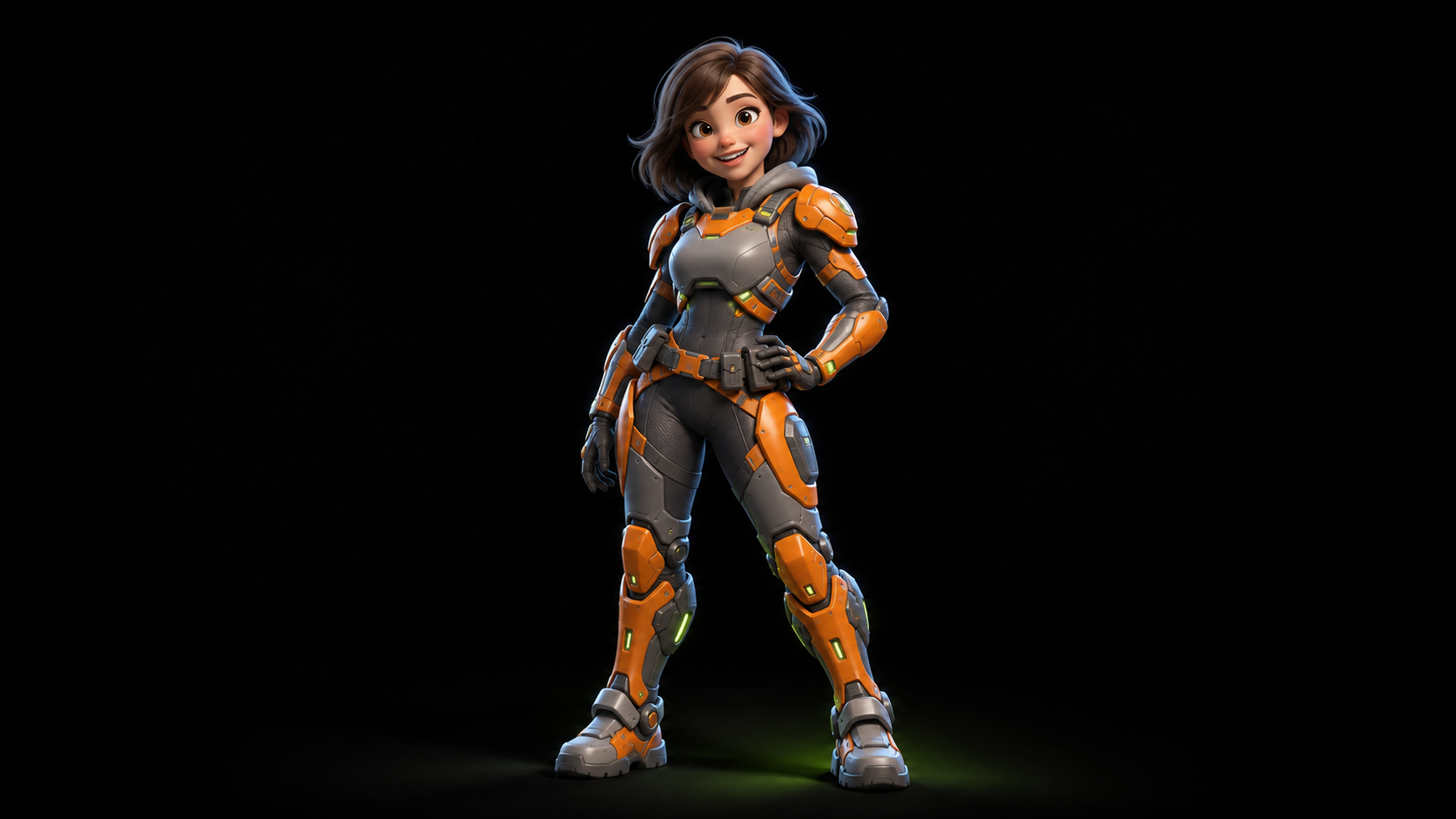 anime-style female engineer in orange and gray power armor