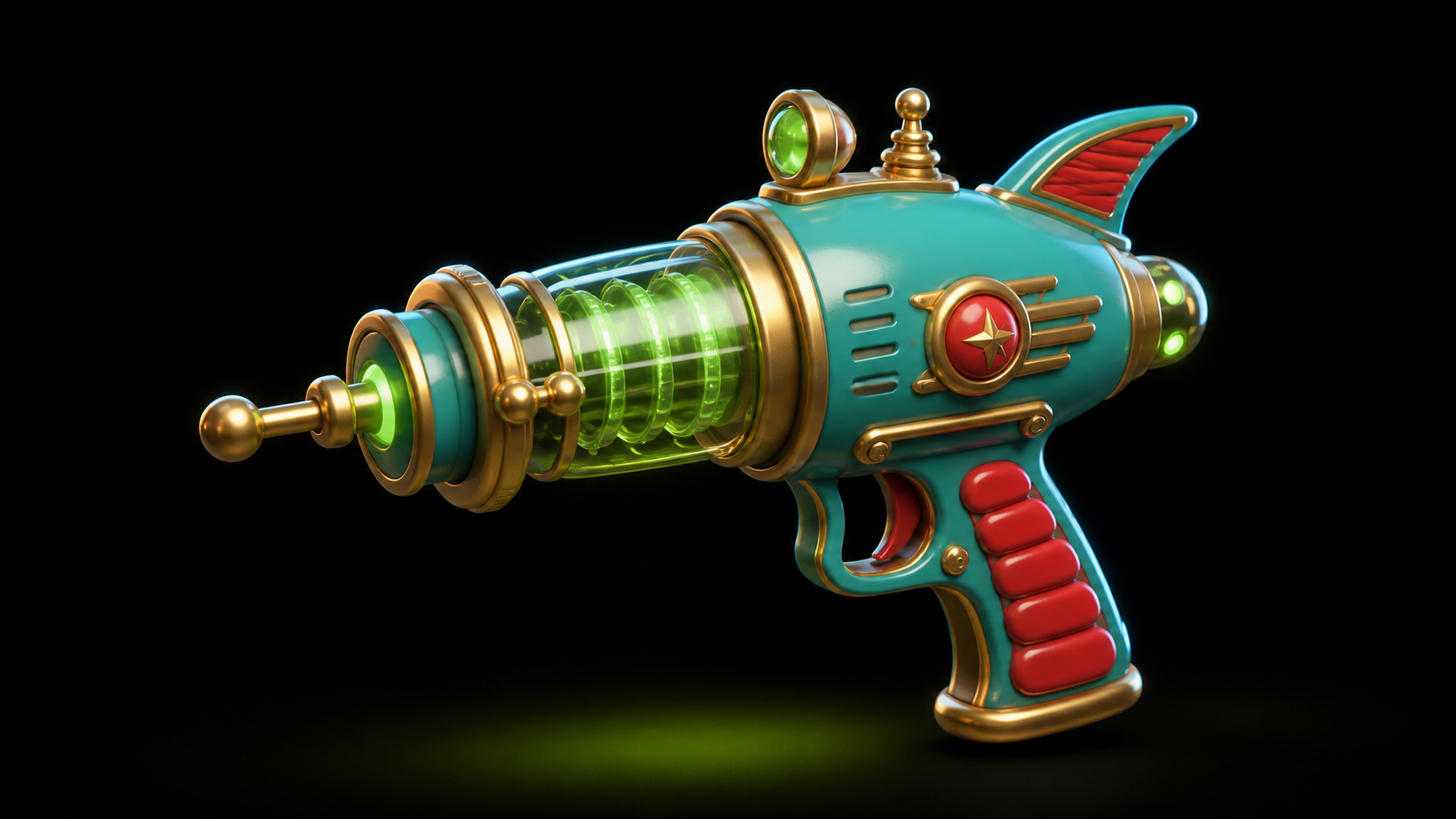 retro sci-fi ray gun, turquoise, red, and gold stylized weapon