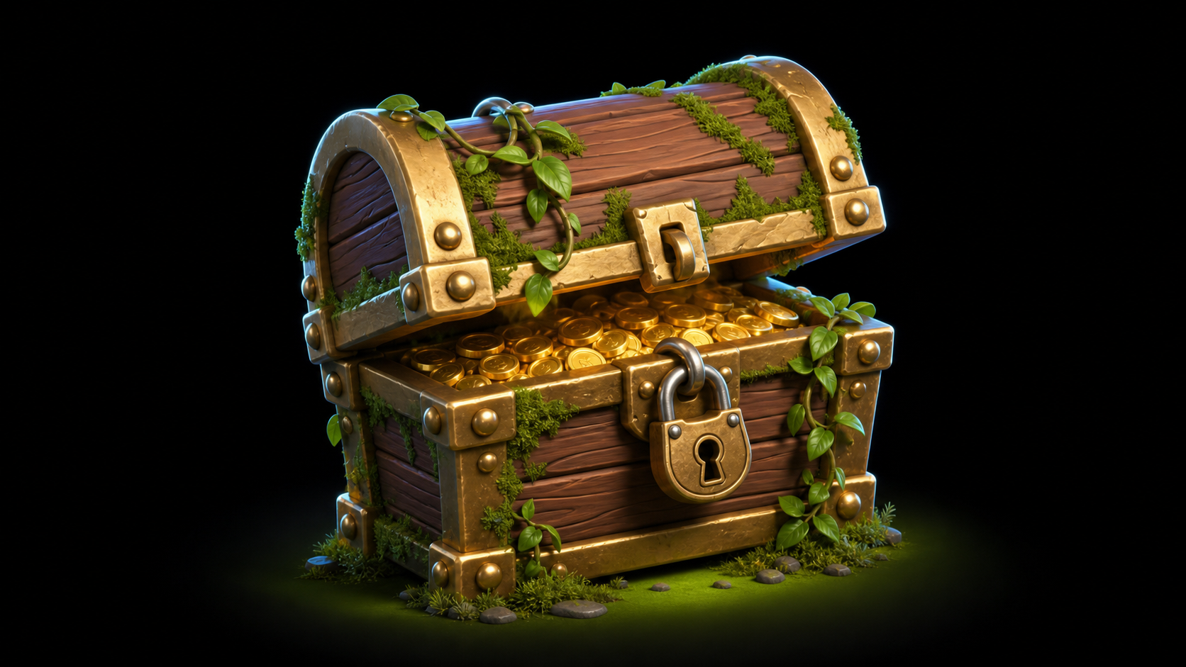 stylized treasure chest with gold coins, padlock, vines, and moss