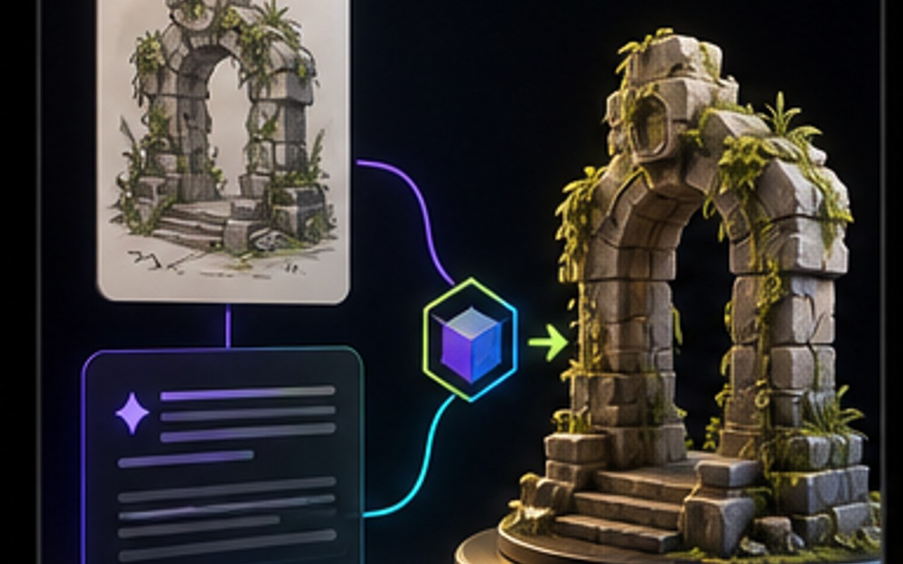 Text prompt and concept art turning into game-ready GLB assets