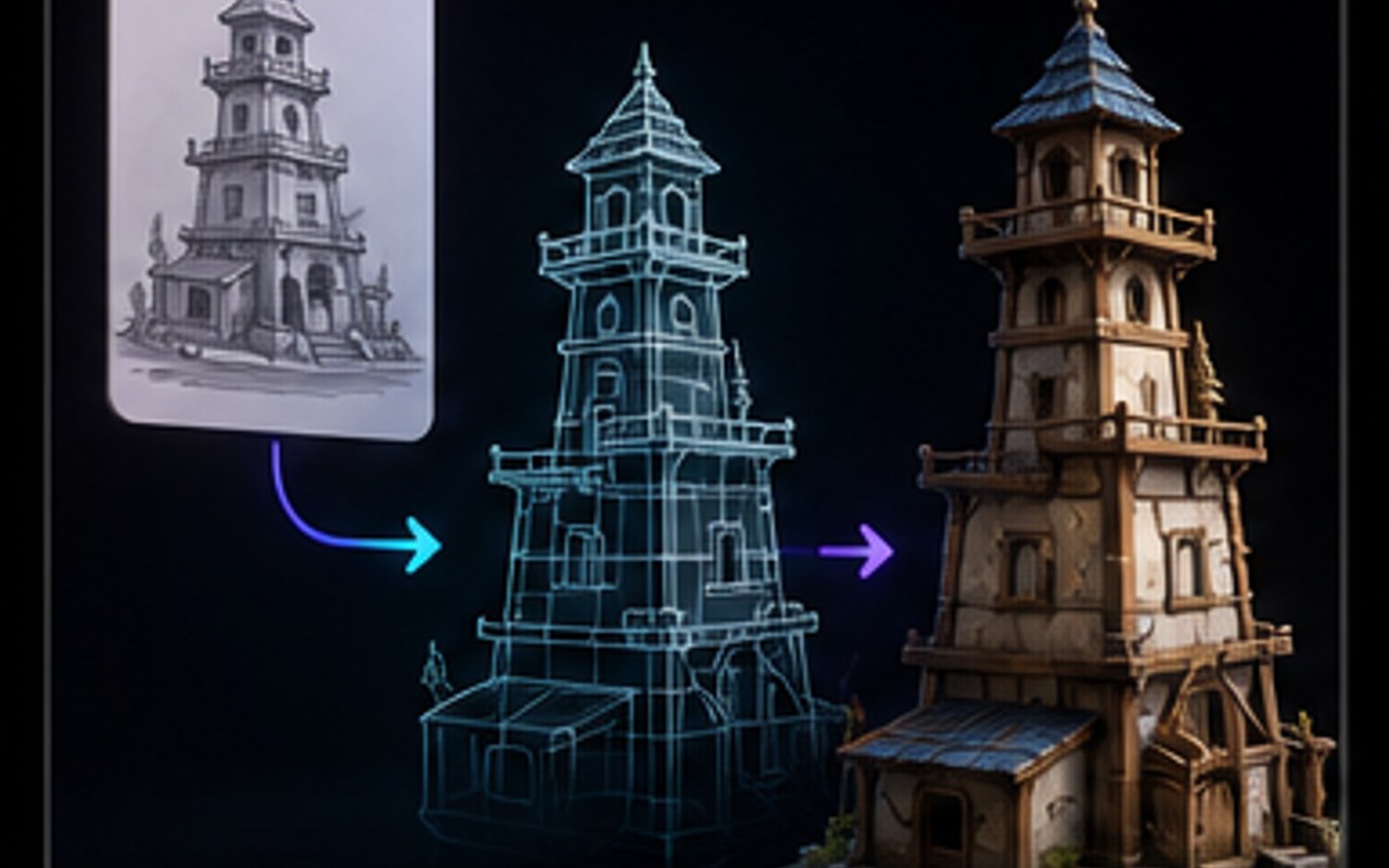 Concept art turning into a clean GLB game asset without manual modeling
