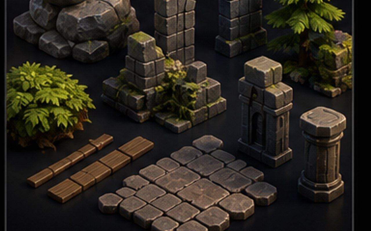 Environment dressing assets: rocks, foliage, ruins