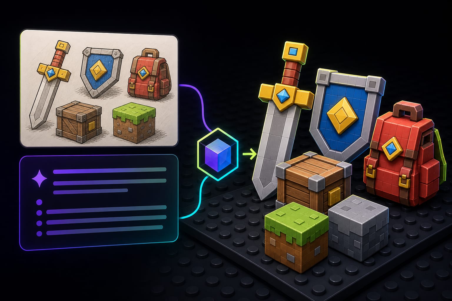 Concept art and text prompts feeding into the 3D generator for Roblox assets