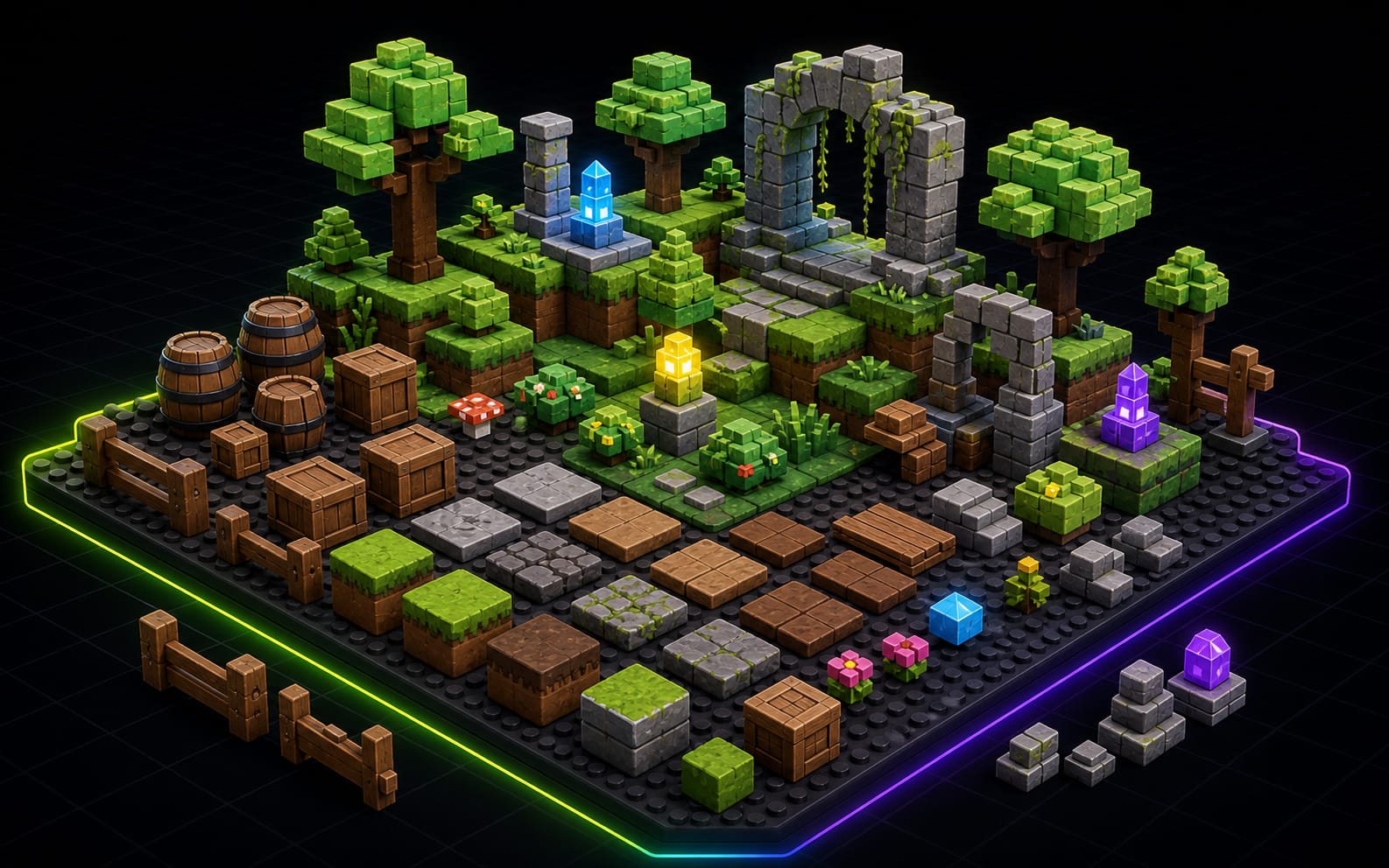 Map dressing assets: ruins, foliage, scatter props