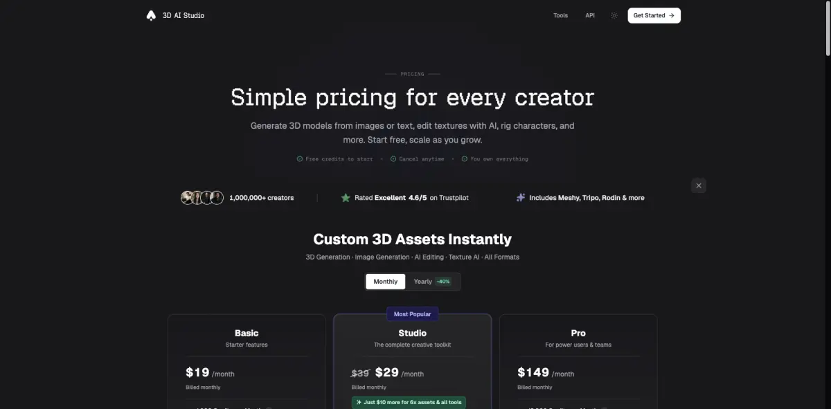 3D AI Studio pricing tiers screenshot