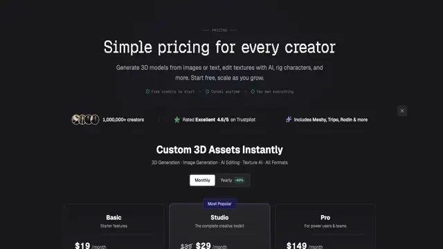 3D AI Studio review cover showing the pricing page with Basic, Studio and Pro tiers and one-time credit packs
