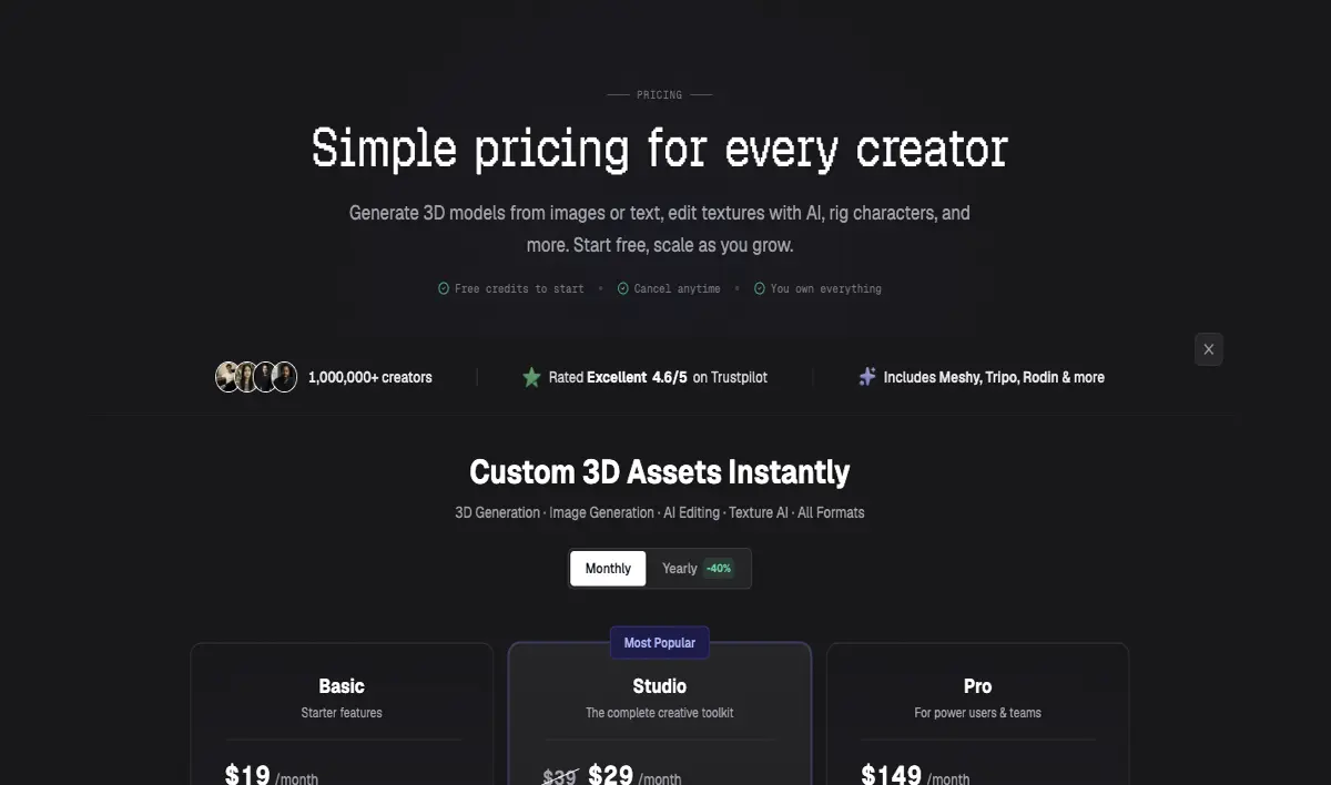 3D AI Studio review cover showing the pricing page with Basic, Studio and Pro tiers and one-time credit packs