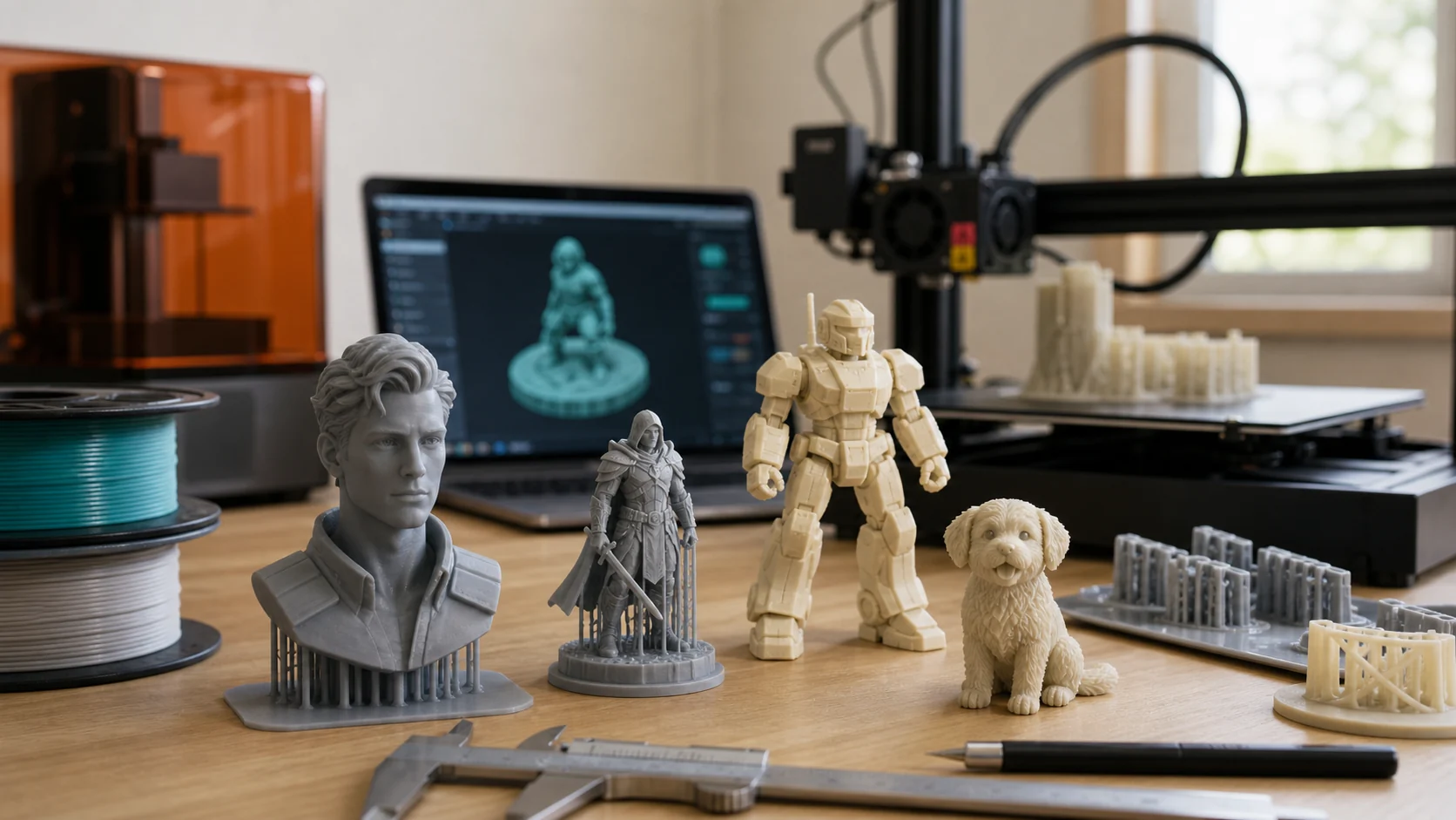A collection of 3D printed figures generated from AI, showing characters and figurines ready for printing