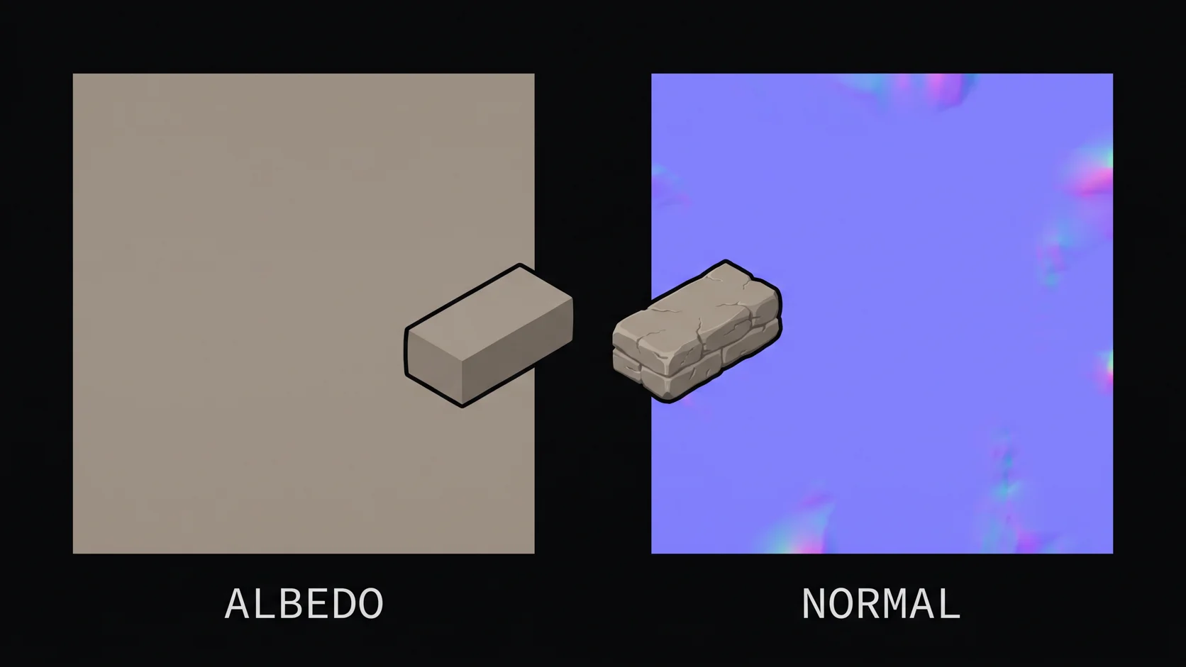 An albedo texture and a purple-blue normal map of the same 3D model side by side
