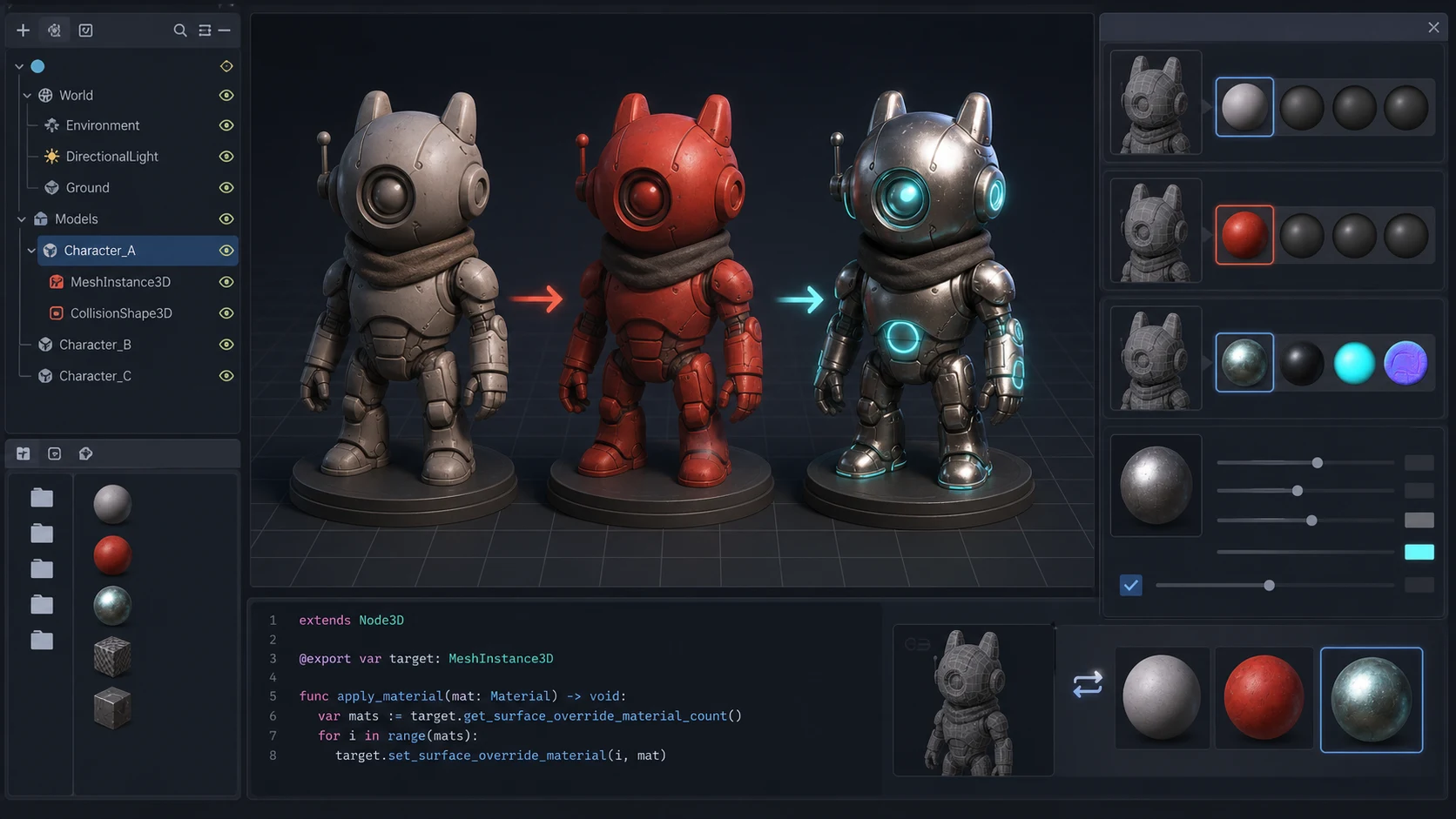 A 3D mesh in the Godot editor with its surface material being swapped via the Inspector and GDScript