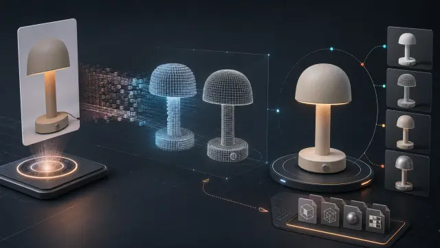 Reference image transforming into a wireframe and textured 3D model, showing the image-to-3D workflow
