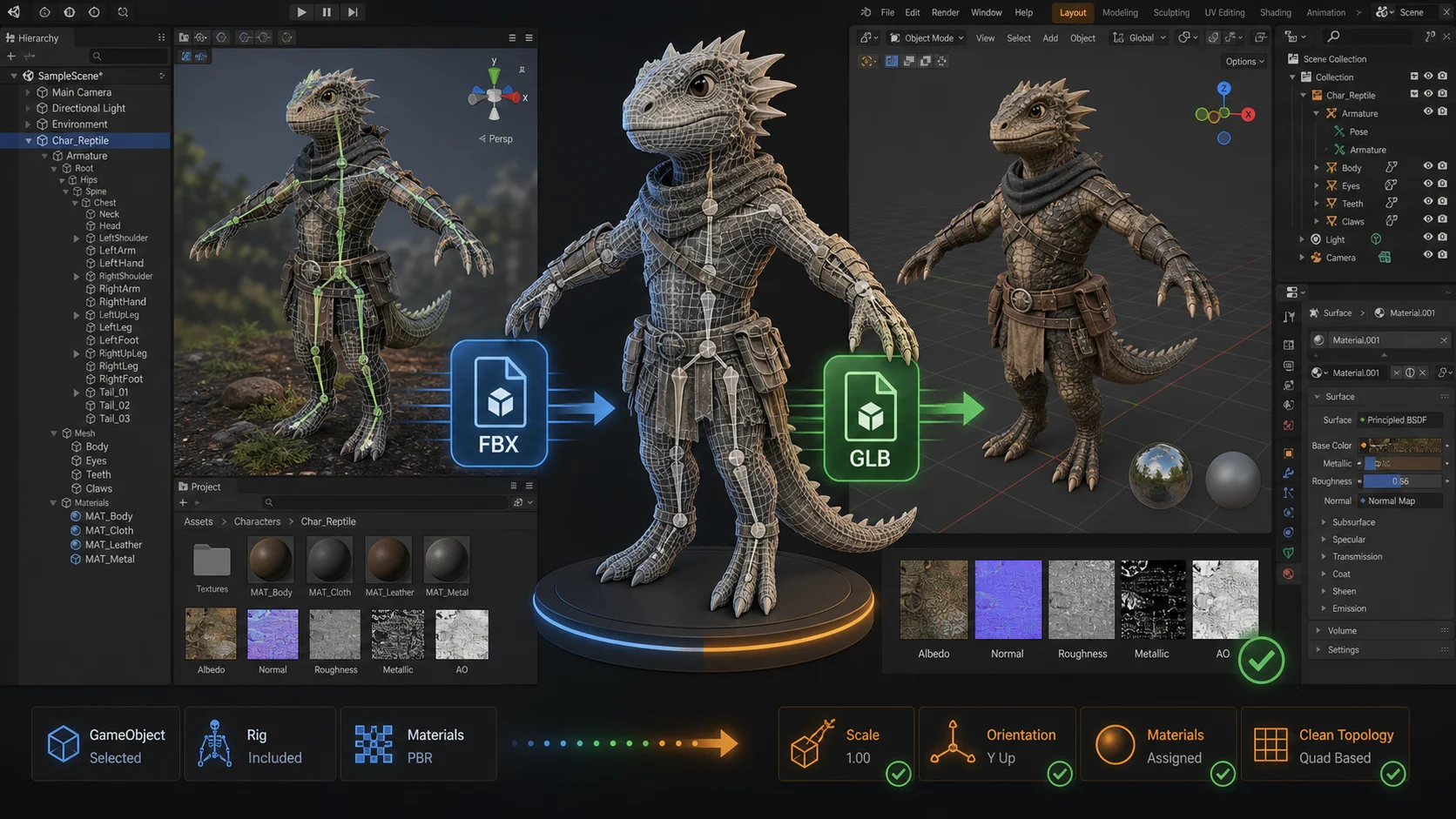 A 3D model being exported from a Unity scene as an FBX file and imported into the Blender viewport