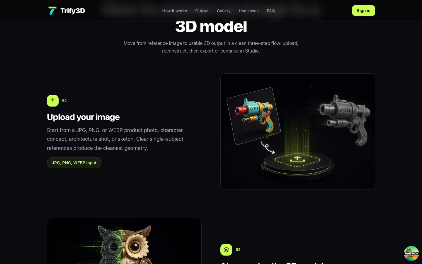 The image-to-3D workflow: upload a reference, reconstruct the mesh, then export the finished model